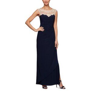 Alex Evenings Dress Navy Blue Gold 16 Long Ruffle Wedding Cruise Formal NEW